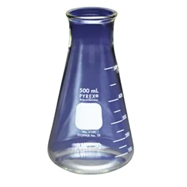 Erlenmeyer graduado c/ boca larga e borda grossa e tampa de borracha No10 500mL 36und/cx Pyrex