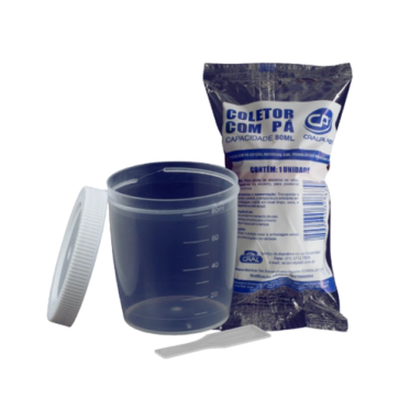 Coletor com pá não estéril 80mL translúcido tampa branca (a granel) 500und/pct Cralplast
