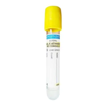 Tubo de coleta de sangue a vácuo c/ gel e ativador de coágulo 13x100mm 5mL 100und/rack Vacuplast