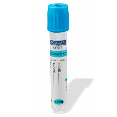 Tubo para Coleta de Sangue a Vácuo em Vidro com Citrato de Sódio 3,2% 2 mL 13x75mm 100und/rack - Vacuplast