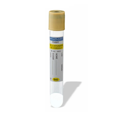 Tubo p/ coleta de sangue a vácuo em vidro c/ gel e ativador de coágulo 9mL 16x100mm 100und/rack Vacuplast